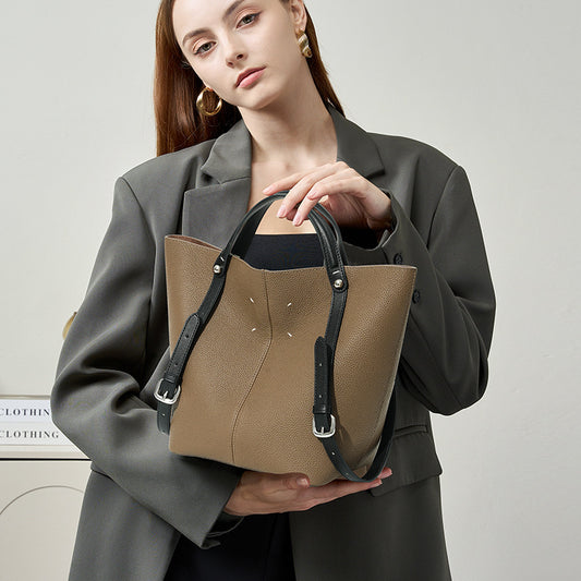 Structured Large Leather Basket Bucket Bag