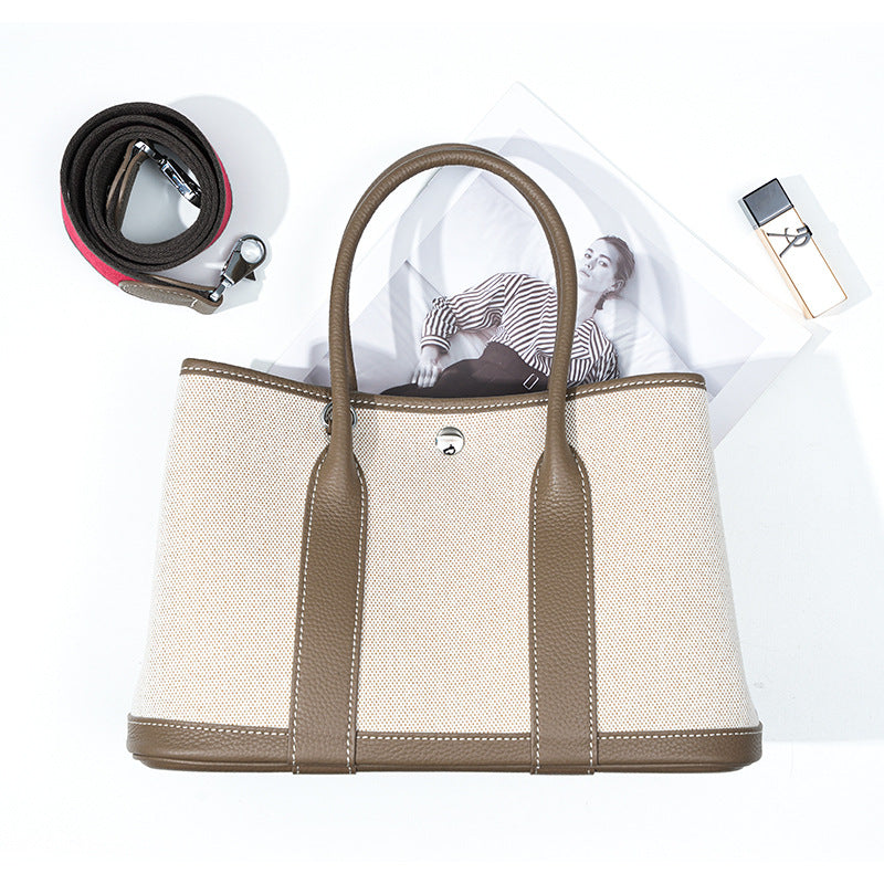 Canvas and leather structured tote — detail view