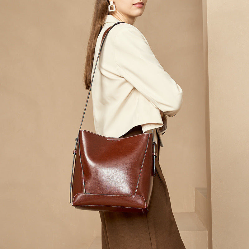 Wide-Strap Leather Bucket Bag